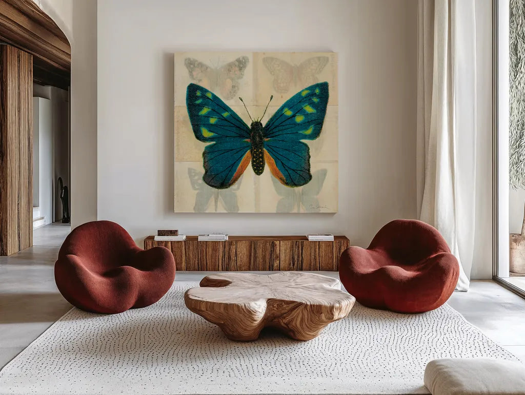 Silk Butterfly IV No Border by Sue Schlabach. Shown as extra-large giant wall art in a modern living room. Available as an archival giclee rolled canvas, fine art paper, or poster print. SKU 44502a.