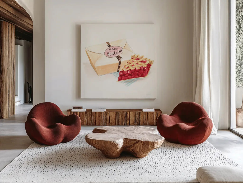 Slice of Pie by Sue Schlabach. Shown as extra-large giant wall art in a modern living room. Available as an archival giclee rolled canvas, fine art paper, or poster print. SKU 9197a.