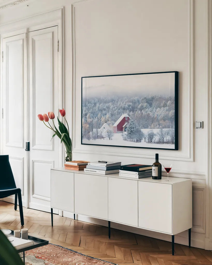 Snowy Valley by Sue Schlabach. shown as a framed stretched canvas in a living room above a console. Available as a archival giclee rolled canvas, fine art paper, or poster print. SKU 60935i.