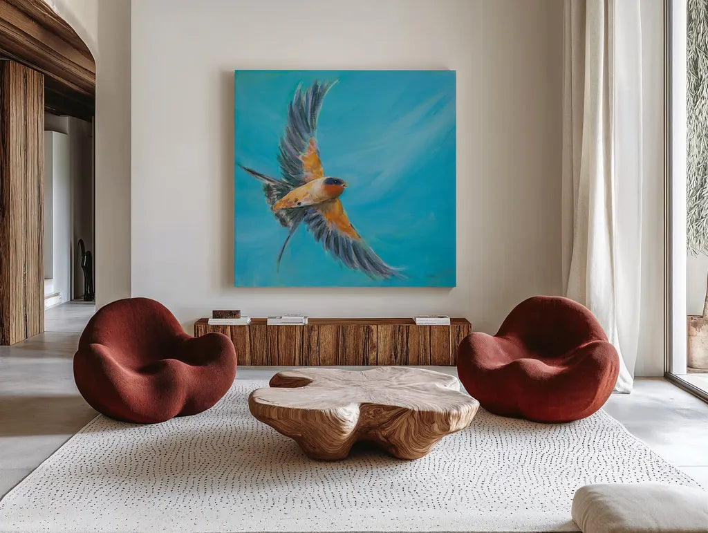 Soaring by Sue Schlabach. Shown as extra-large giant wall art in a modern living room. Available as an archival giclee rolled canvas, fine art paper, or poster print. SKU 88564a.