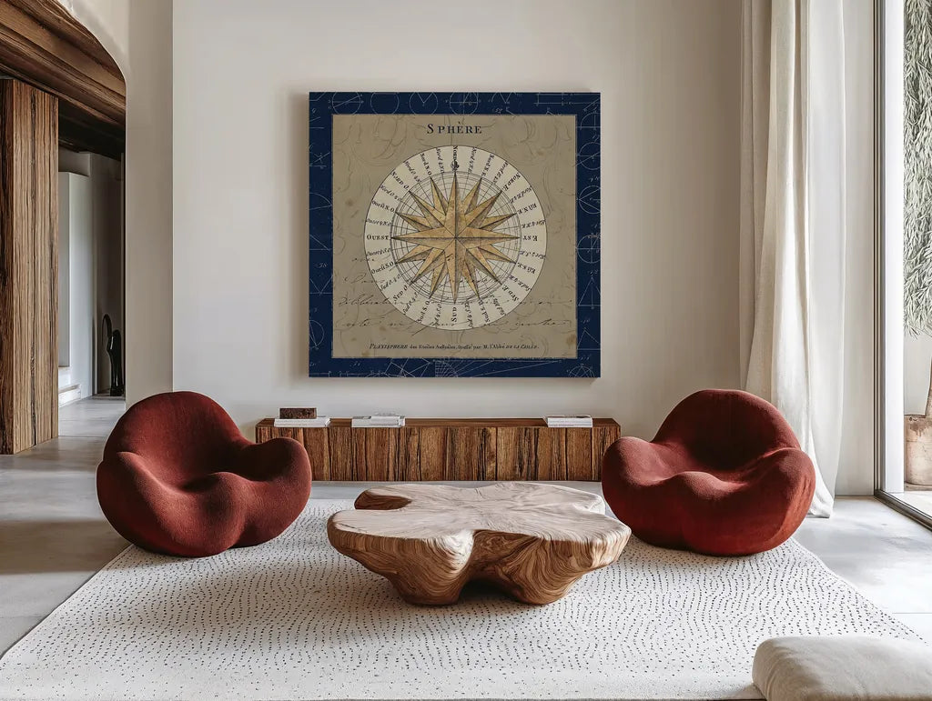 Sphere Compass Blue by Sue Schlabach. Shown as extra-large giant wall art in a modern living room. Available as an archival giclee rolled canvas, fine art paper, or poster print. SKU 14542a.