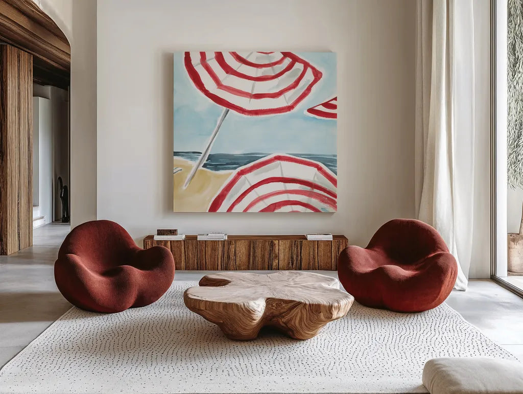 Stripes on the Beach II by Sue Schlabach. Shown as extra-large giant wall art in a modern living room. Available as an archival giclee rolled canvas, fine art paper, or poster print. SKU 59241a.