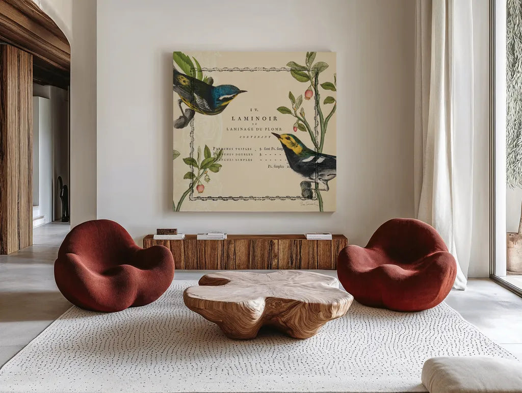 Summer Pages II by Sue Schlabach. Shown as extra-large giant wall art in a modern living room. Available as an archival giclee rolled canvas, fine art paper, or poster print. SKU 5903a.