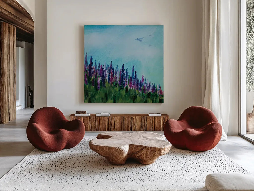 Swallows and Lupines by Sue Schlabach. Shown as extra-large giant wall art in a modern living room. Available as an archival giclee rolled canvas, fine art paper, or poster print. SKU 87736a.