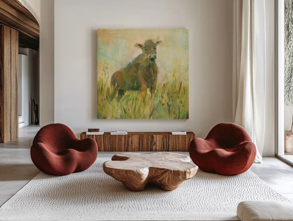 The Grazer by Sue Schlabach. Shown as extra-large giant wall art in a modern living room. Available as an archival giclee rolled canvas, fine art paper, or poster print. SKU 38106a.