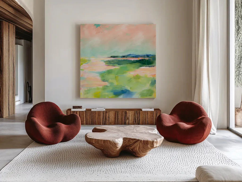 Tidewater by Sue Schlabach. Shown as extra-large giant wall art in a modern living room. Available as an archival giclee rolled canvas, fine art paper, or poster print. SKU 54542a.