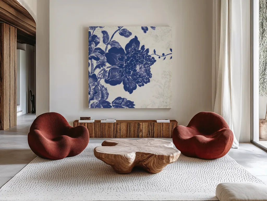 Toile Roses IV by Sue Schlabach. Shown as extra-large giant wall art in a modern living room. Available as an archival giclee rolled canvas, fine art paper, or poster print. SKU 31608a.