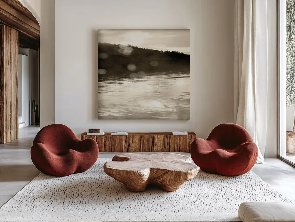 Twilight Dock I Sepia by Sue Schlabach. Shown as extra-large giant wall art in a modern living room. Available as an archival giclee rolled canvas, fine art paper, or poster print. SKU 11290a.