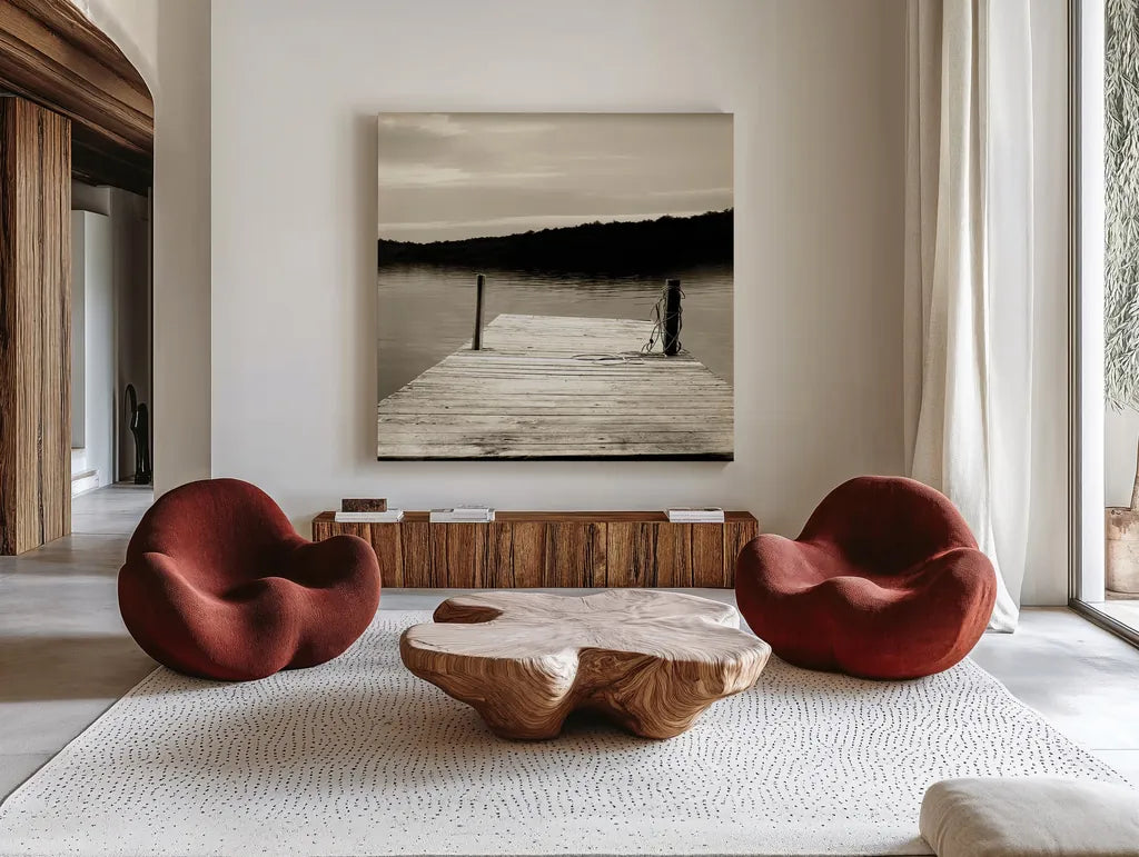 Twilight Dock III Sepia by Sue Schlabach. Shown as extra-large giant wall art in a modern living room. Available as an archival giclee rolled canvas, fine art paper, or poster print. SKU 11292a.