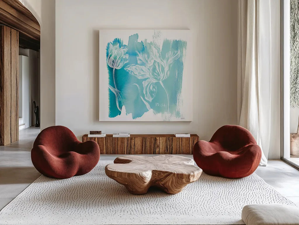 Water Wash I by Sue Schlabach. Shown as extra-large giant wall art in a modern living room. Available as an archival giclee rolled canvas, fine art paper, or poster print. SKU 20842a.