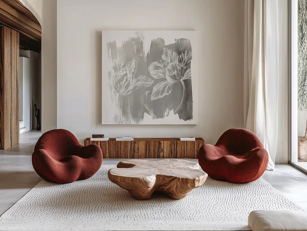 Water Wash II Neutral by Sue Schlabach. Shown as extra-large giant wall art in a modern living room. Available as an archival giclee rolled canvas, fine art paper, or poster print. SKU 23902a.