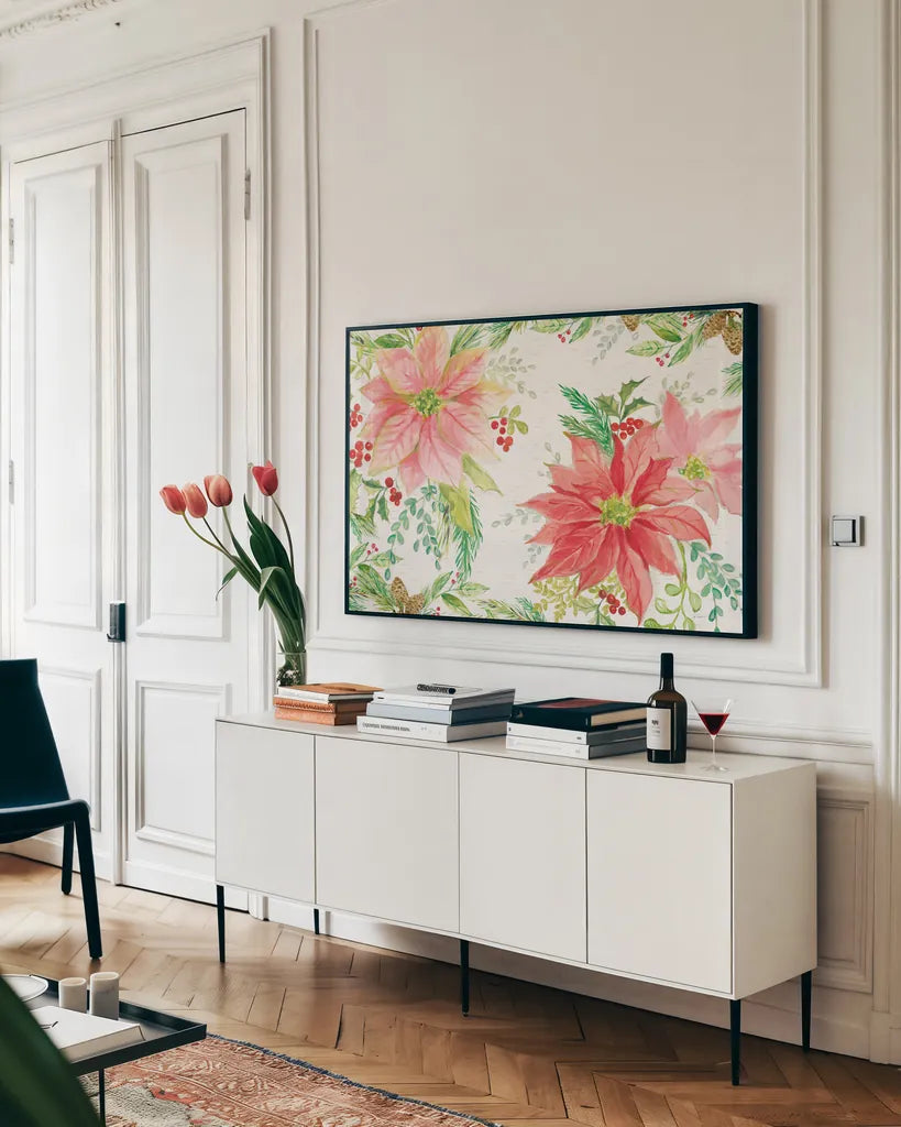 Winter Blooms I by Sue Schlabach. shown as a framed stretched canvas in a living room above a console. Available as a archival giclee rolled canvas, fine art paper, or poster print. SKU 39603i.