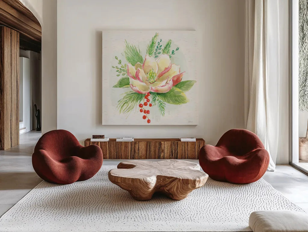 Winter Blooms V by Sue Schlabach. Shown as extra-large giant wall art in a modern living room. Available as an archival giclee rolled canvas, fine art paper, or poster print. SKU 39607a.