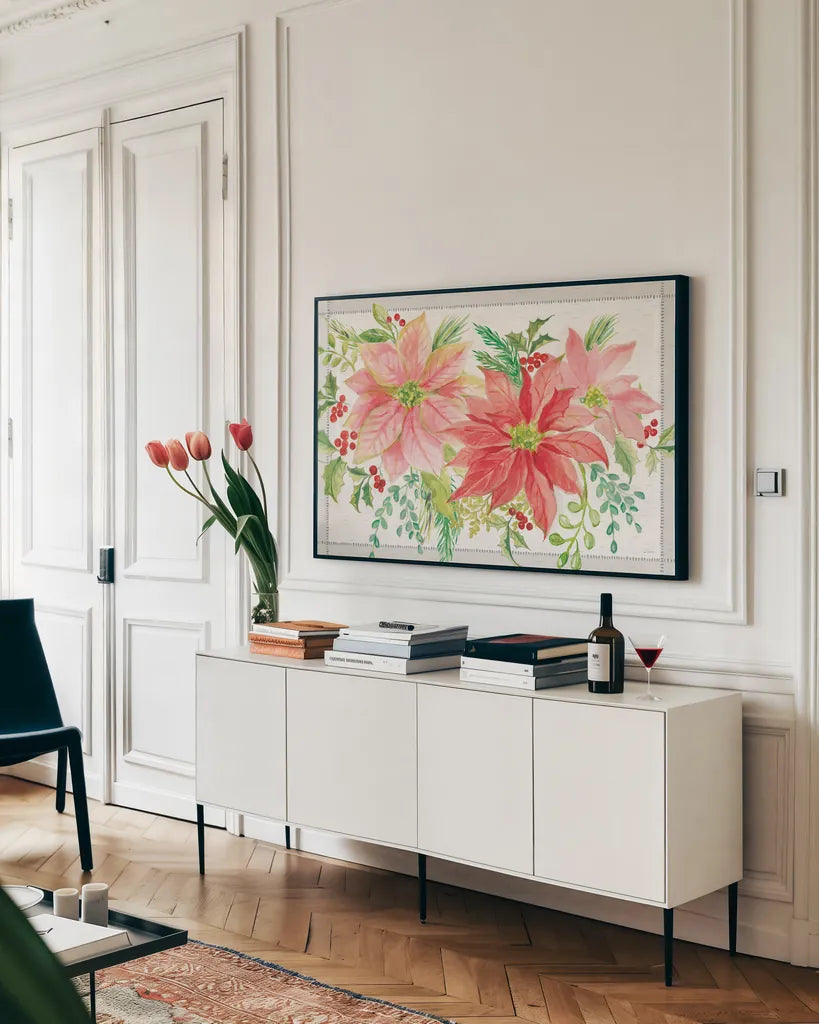 Winter Blooms VI by Sue Schlabach. shown as a framed stretched canvas in a living room above a console. Available as a archival giclee rolled canvas, fine art paper, or poster print. SKU 39608i.