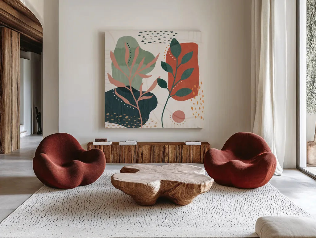 Abstract Blossom V by Veronique Charron. Shown as extra-large giant wall art in a modern living room. Available as an archival giclee rolled canvas, fine art paper, or poster print. SKU 70900a.