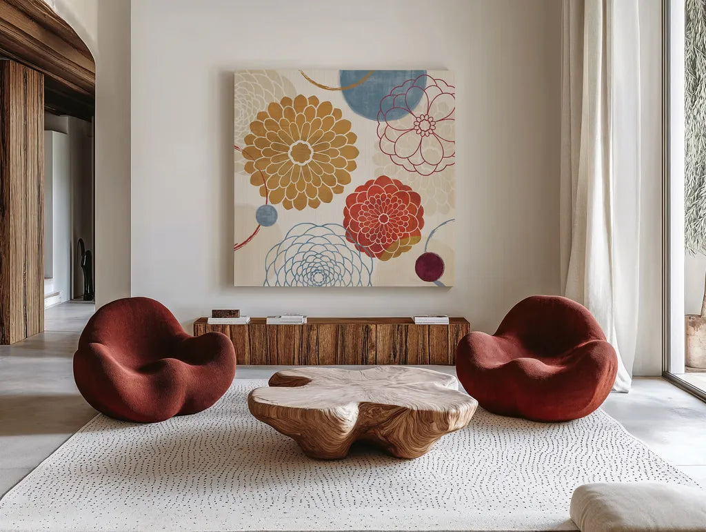 Abstract Bouquet II by Veronique Charron. Shown as extra-large giant wall art in a modern living room. Available as an archival giclee rolled canvas, fine art paper, or poster print. SKU 6024a.