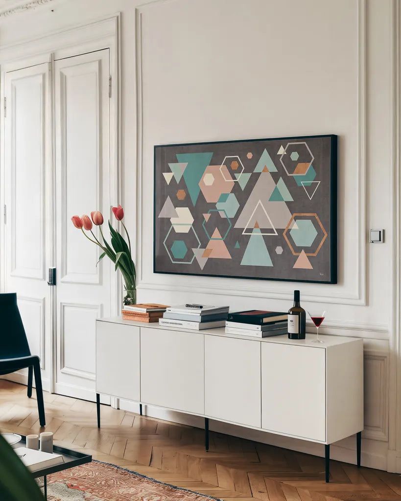 Abstract Geo I Black by Veronique Charron. shown as a framed stretched canvas in a living room above a console. Available as a archival giclee rolled canvas, fine art paper, or poster print. SKU 34846i.