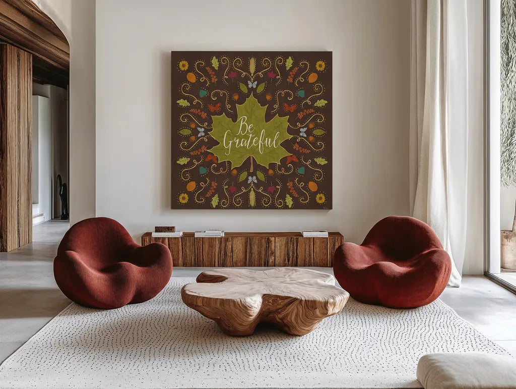 Autumn Otomi VIII by Veronique Charron. Shown as extra-large giant wall art in a modern living room. Available as an archival giclee rolled canvas, fine art paper, or poster print. SKU 47651a.