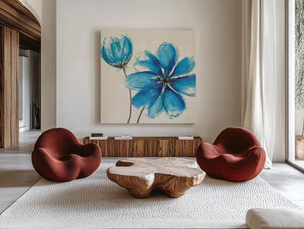 Azure IV by Veronique Charron. Shown as extra-large giant wall art in a modern living room. Available as an archival giclee rolled canvas, fine art paper, or poster print. SKU 10528a.