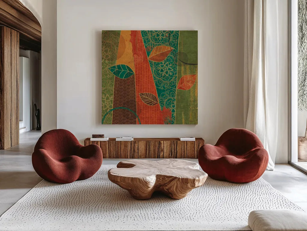 Bohemian Leaves II by Veronique Charron. Shown as extra-large giant wall art in a modern living room. Available as an archival giclee rolled canvas, fine art paper, or poster print. SKU 28892a.