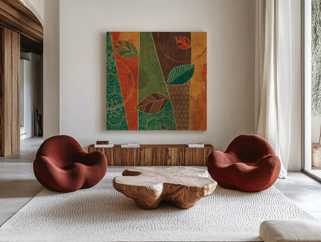Bohemian Leaves III by Veronique Charron. Shown as extra-large giant wall art in a modern living room. Available as an archival giclee rolled canvas, fine art paper, or poster print. SKU 28893a.