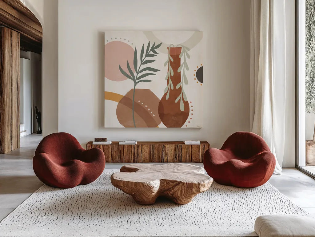 Botanical Form II by Veronique Charron. Shown as extra-large giant wall art in a modern living room. Available as an archival giclee rolled canvas, fine art paper, or poster print. SKU 69303a.