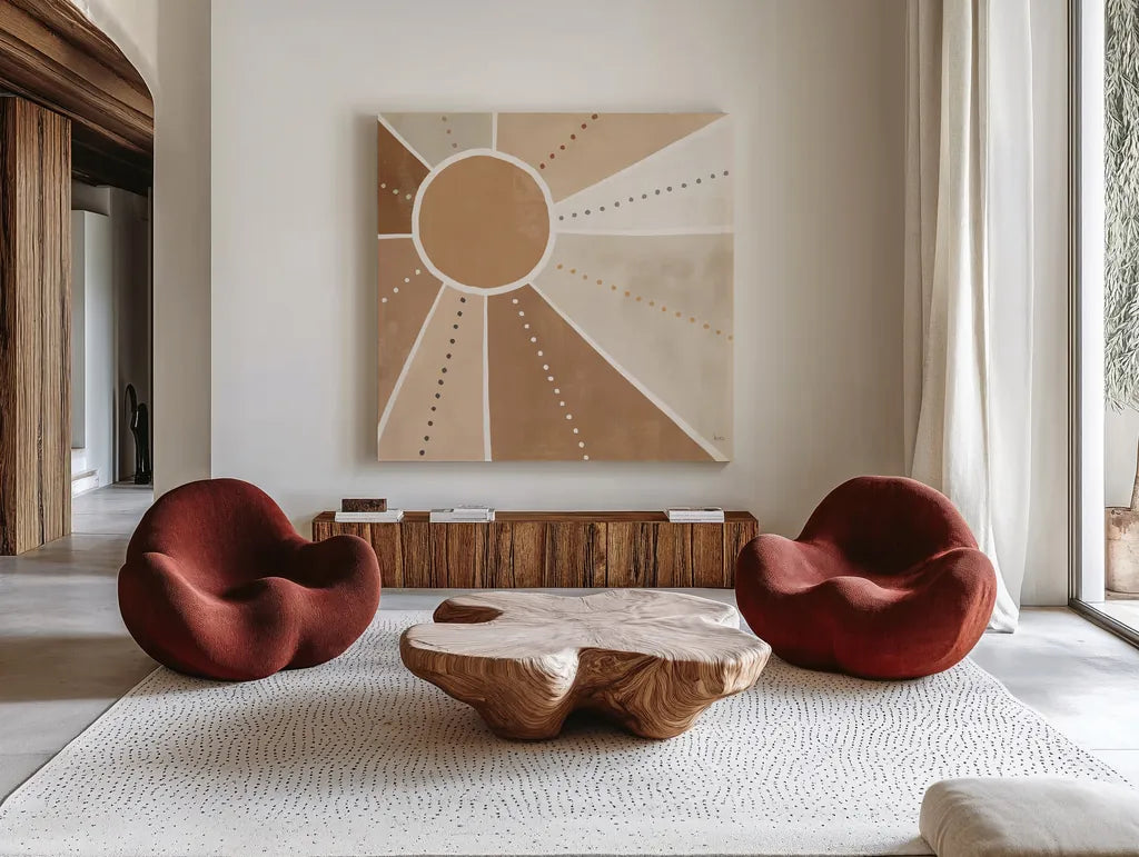 Botanical Form VI Neutral by Veronique Charron. Shown as extra-large giant wall art in a modern living room. Available as an archival giclee rolled canvas, fine art paper, or poster print. SKU 71448a.