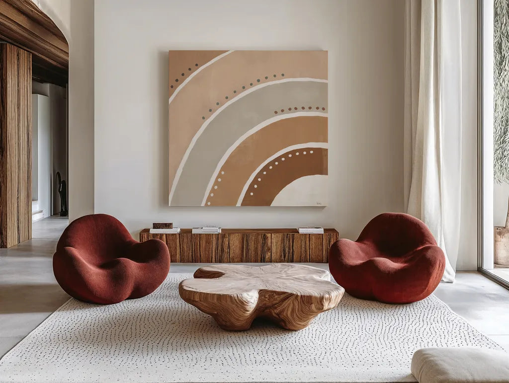 Botanical Form VII Neutral by Veronique Charron. Shown as extra-large giant wall art in a modern living room. Available as an archival giclee rolled canvas, fine art paper, or poster print. SKU 71449a.