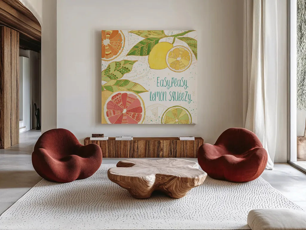 Citrus Splash III by Veronique Charron. Shown as extra-large giant wall art in a modern living room. Available as an archival giclee rolled canvas, fine art paper, or poster print. SKU 37555a.