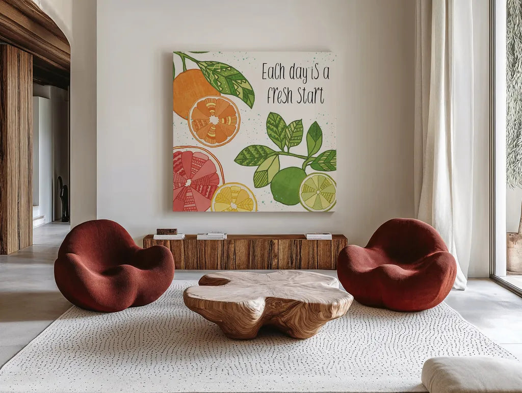 Citrus Splash IV Black Text by Veronique Charron. Shown as extra-large giant wall art in a modern living room. Available as an archival giclee rolled canvas, fine art paper, or poster print. SKU 56942a.