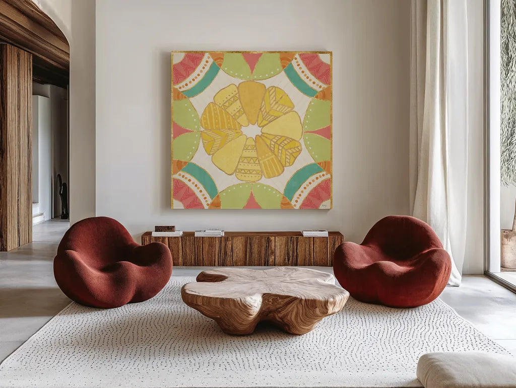 Citrus Splash IX by Veronique Charron. Shown as extra-large giant wall art in a modern living room. Available as an archival giclee rolled canvas, fine art paper, or poster print. SKU 37561a.
