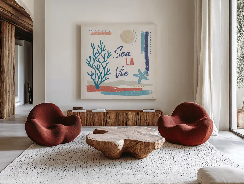 Coastal View VI by Veronique Charron. Shown as extra-large giant wall art in a modern living room. Available as an archival giclee rolled canvas, fine art paper, or poster print. SKU 64981a.