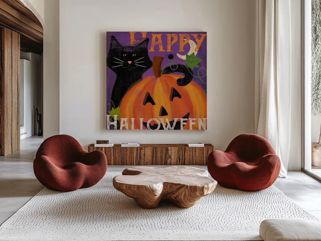 Festive Felines II by Veronique Charron. Shown as extra-large giant wall art in a modern living room. Available as an archival giclee rolled canvas, fine art paper, or poster print. SKU 54885a.