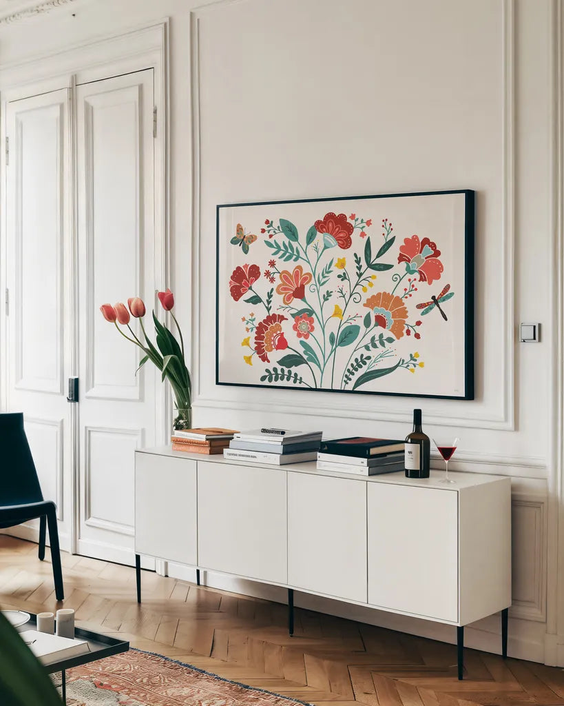 Floral Style I by Veronique Charron. shown as a framed stretched canvas in a living room above a console. Available as a archival giclee rolled canvas, fine art paper, or poster print. SKU 82038i.