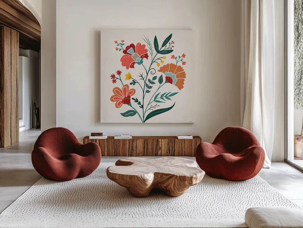 Floral Style II by Veronique Charron. Shown as extra-large giant wall art in a modern living room. Available as an archival giclee rolled canvas, fine art paper, or poster print. SKU 82039a.