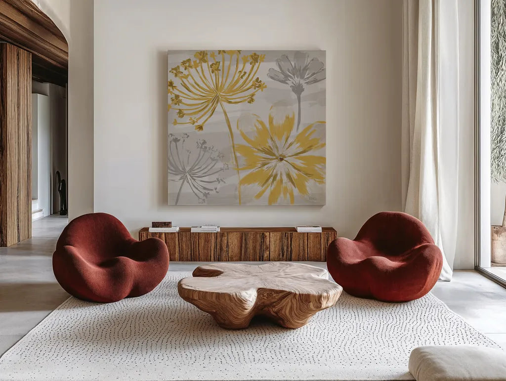 Flowers in the Wind II by Veronique Charron. Shown as extra-large giant wall art in a modern living room. Available as an archival giclee rolled canvas, fine art paper, or poster print. SKU 14054a.