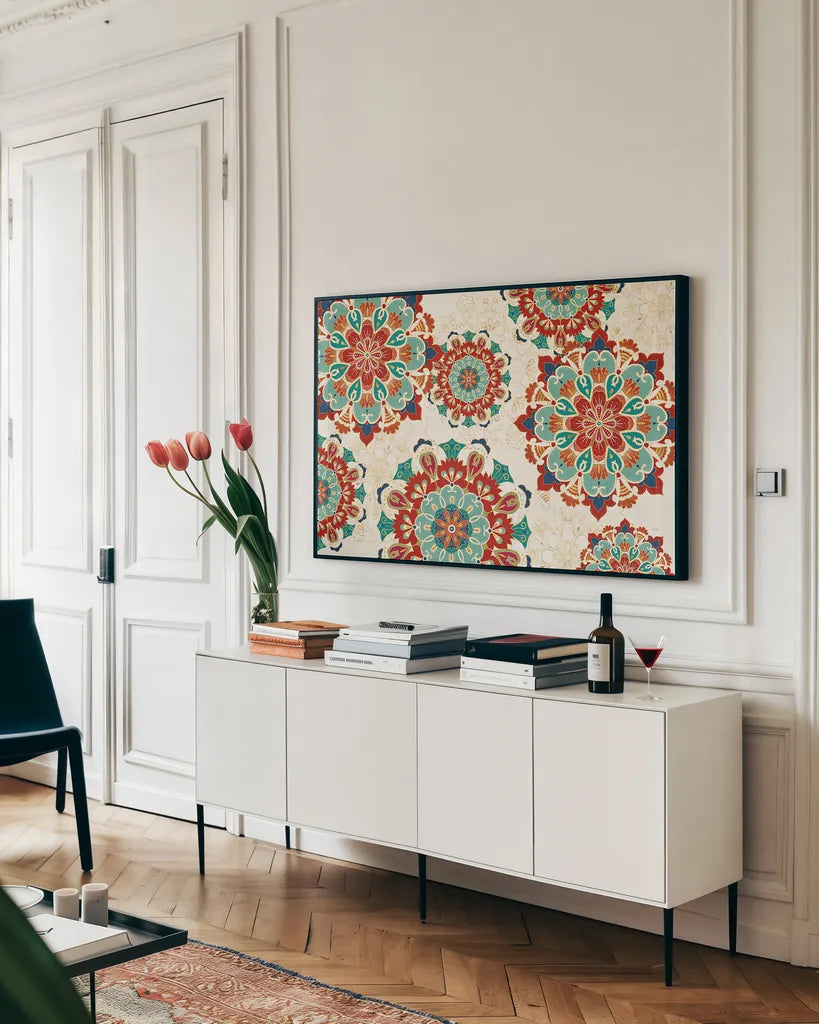 Folk Floral VIII by Veronique Charron. shown as a framed stretched canvas in a living room above a console. Available as a archival giclee rolled canvas, fine art paper, or poster print. SKU 47026i.