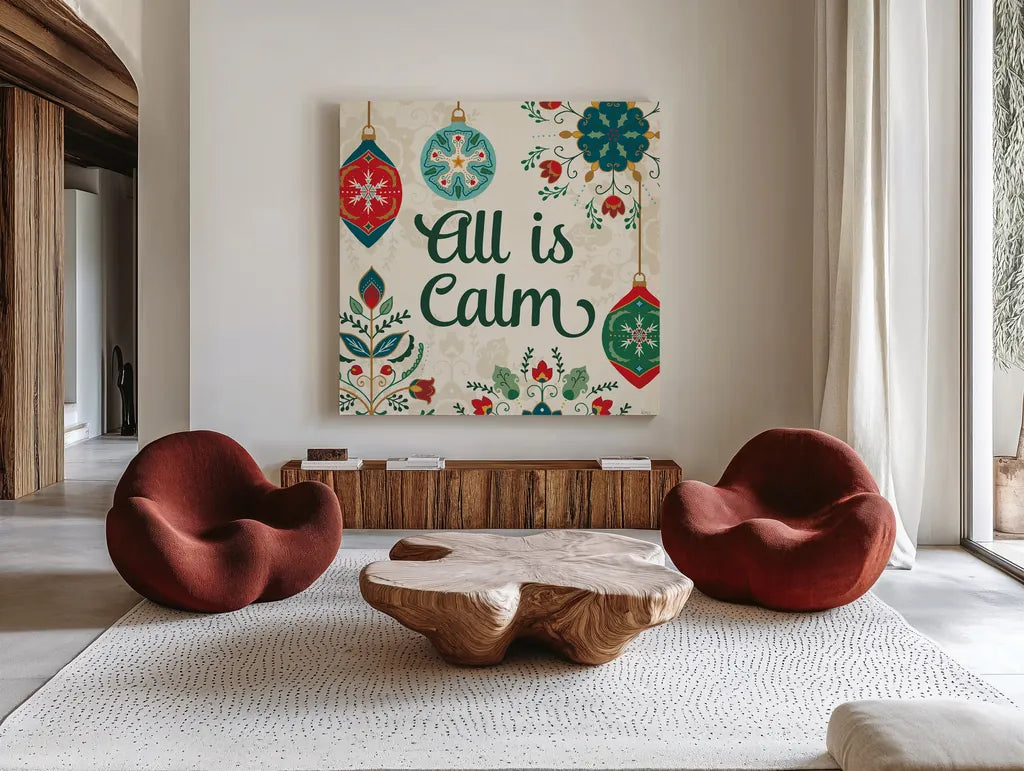 Folk Holiday VI by Veronique Charron. Shown as extra-large giant wall art in a modern living room. Available as an archival giclee rolled canvas, fine art paper, or poster print. SKU 97727a.
