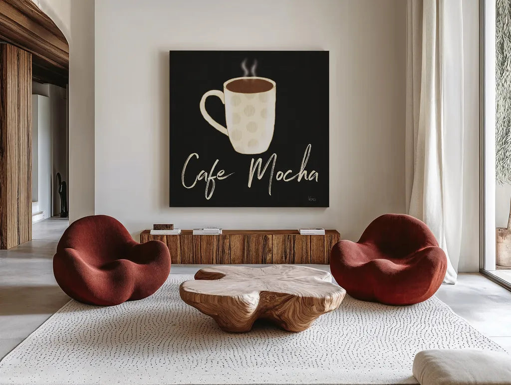 Fresh Coffee Cafe Mocha by Veronique Charron. Shown as extra-large giant wall art in a modern living room. Available as an archival giclee rolled canvas, fine art paper, or poster print. SKU 68437a.