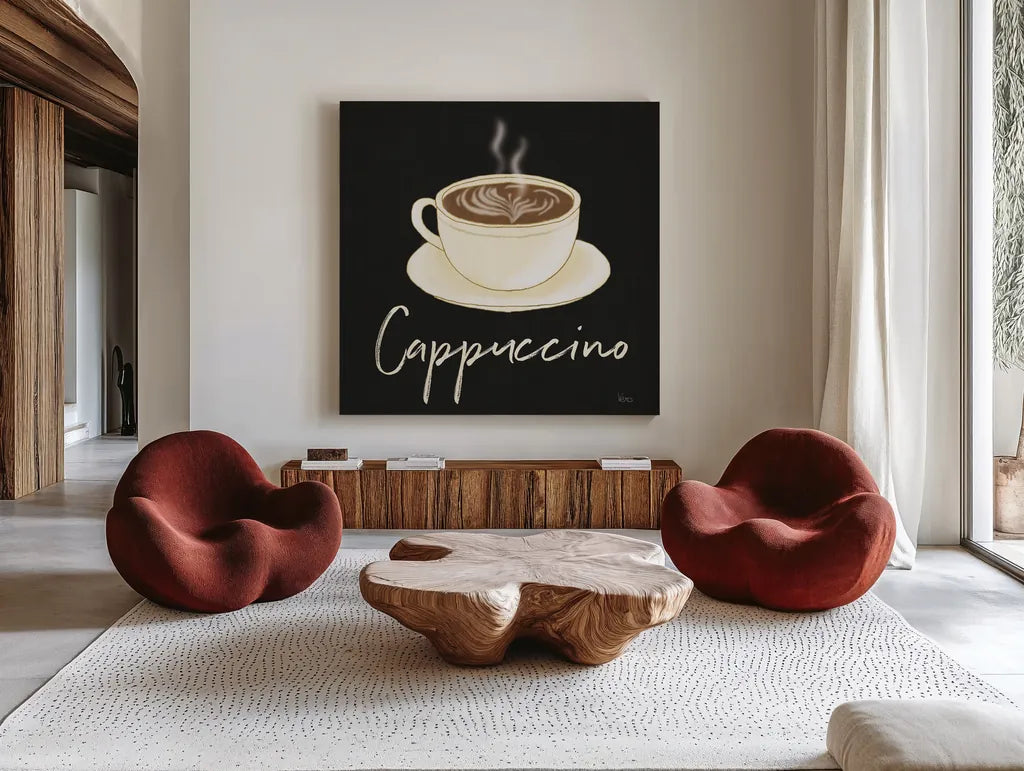 Fresh Coffee Cappucino by Veronique Charron. Shown as extra-large giant wall art in a modern living room. Available as an archival giclee rolled canvas, fine art paper, or poster print. SKU 68436a.