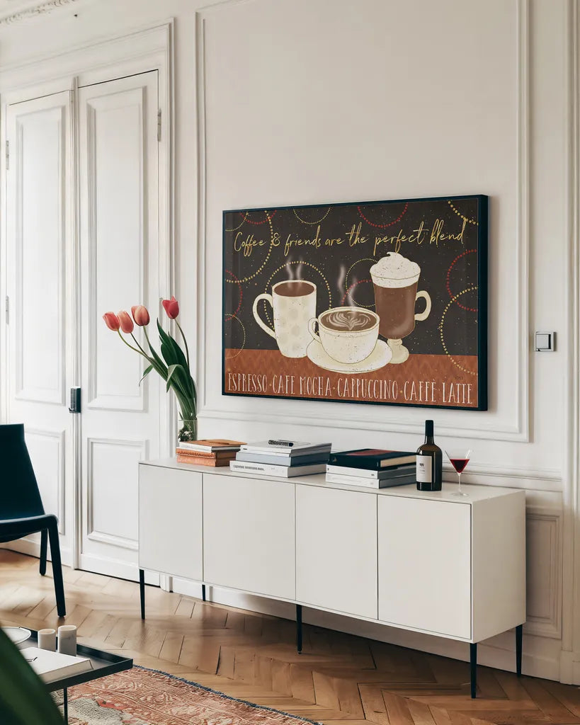 Fresh Coffee I v2 by Veronique Charron. shown as a framed stretched canvas in a living room above a console. Available as a archival giclee rolled canvas, fine art paper, or poster print. SKU 37206i.