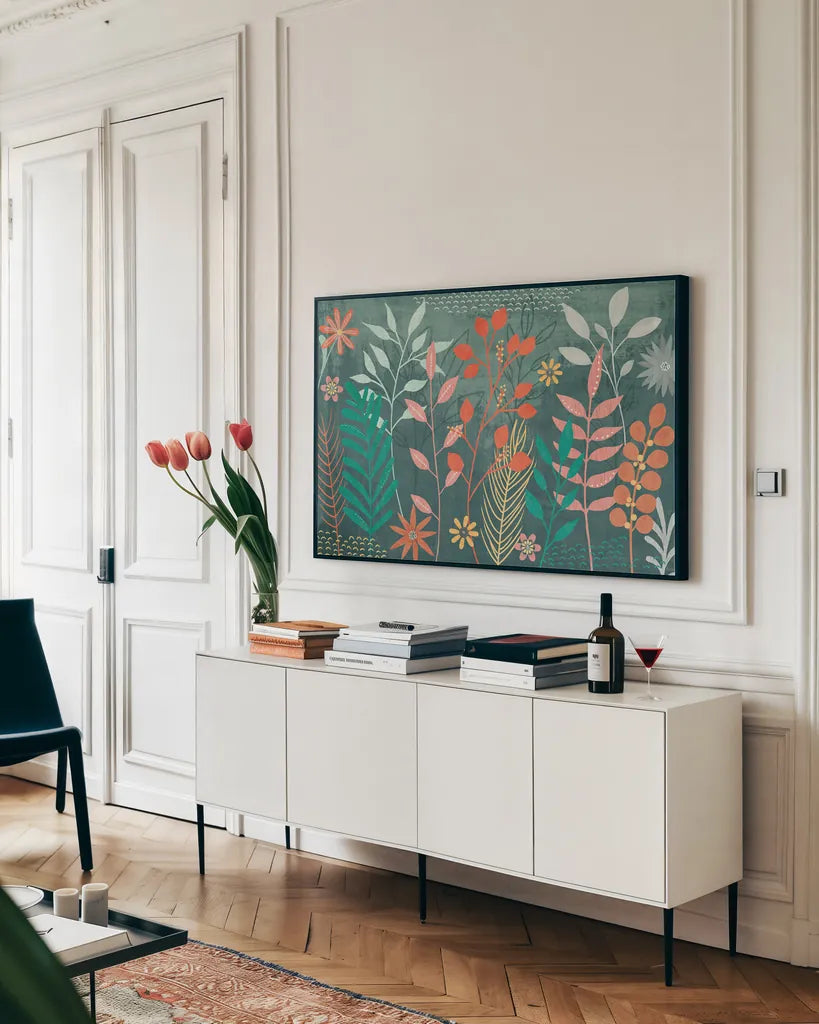 Fresh Petals I by Veronique Charron. shown as a framed stretched canvas in a living room above a console. Available as a archival giclee rolled canvas, fine art paper, or poster print. SKU 79635i.