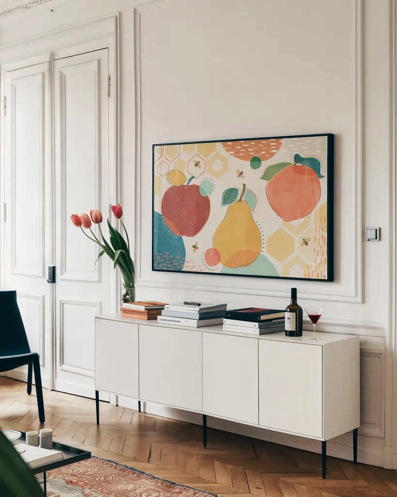 Fruit Frenzy I by Veronique Charron. shown as a framed stretched canvas in a living room above a console. Available as a archival giclee rolled canvas, fine art paper, or poster print. SKU 72393i.