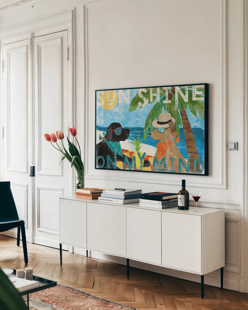 Good Vibes I by Veronique Charron. shown as a framed stretched canvas in a living room above a console. Available as a archival giclee rolled canvas, fine art paper, or poster print. SKU 52147i.