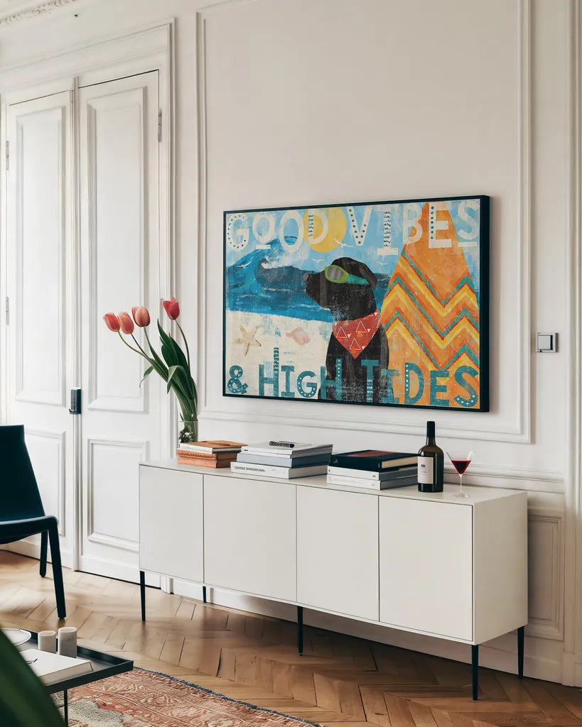 Good Vibes II by Veronique Charron. shown as a framed stretched canvas in a living room above a console. Available as a archival giclee rolled canvas, fine art paper, or poster print. SKU 52148i.