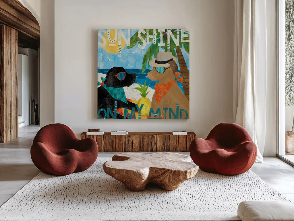 Good Vibes III by Veronique Charron. Shown as extra-large giant wall art in a modern living room. Available as an archival giclee rolled canvas, fine art paper, or poster print. SKU 52149a.