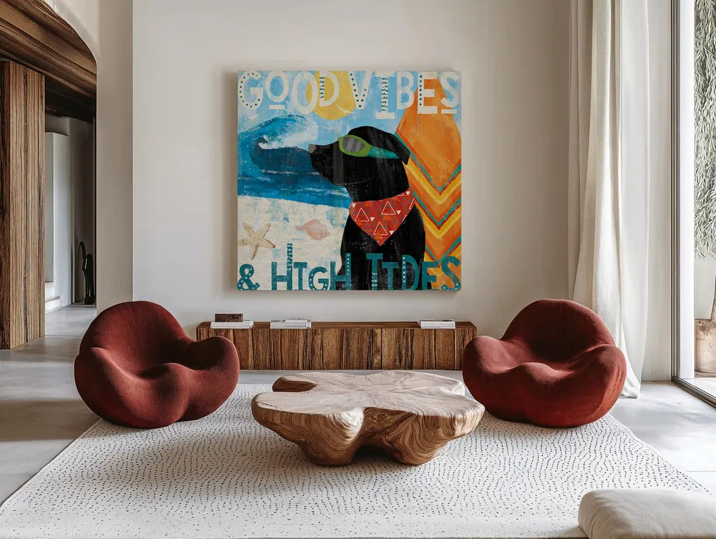 Good Vibes IV by Veronique Charron. Shown as extra-large giant wall art in a modern living room. Available as an archival giclee rolled canvas, fine art paper, or poster print. SKU 52150a.