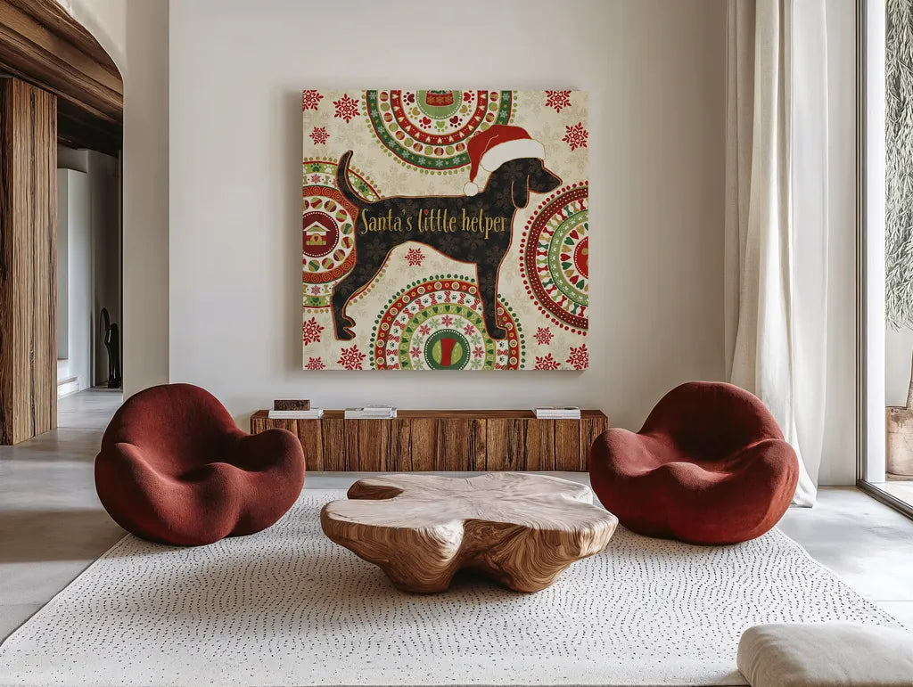Happy Holidogs I by Veronique Charron. Shown as extra-large giant wall art in a modern living room. Available as an archival giclee rolled canvas, fine art paper, or poster print. SKU 26059a.