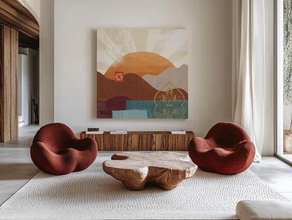 Harvest Horizon IV by Veronique Charron. Shown as extra-large giant wall art in a modern living room. Available as an archival giclee rolled canvas, fine art paper, or poster print. SKU 83027a.