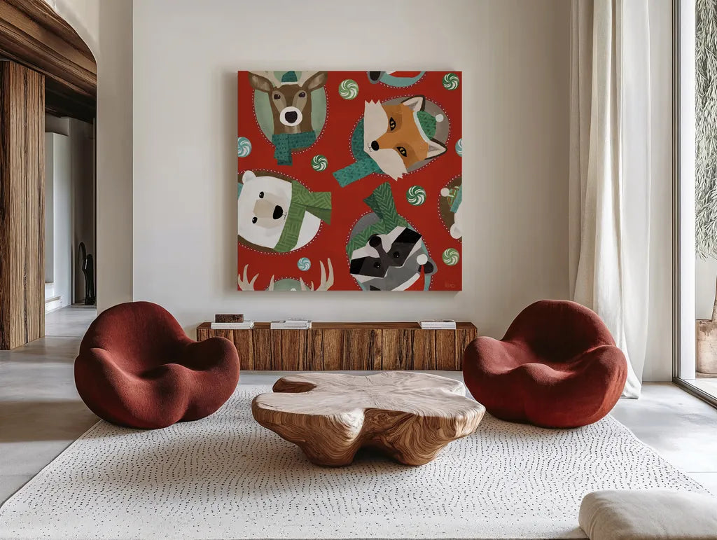 Holiday Likeness Pattern IB by Veronique Charron. Shown as extra-large giant wall art in a modern living room. Available as an archival giclee rolled canvas, fine art paper, or poster print. SKU 63020a.